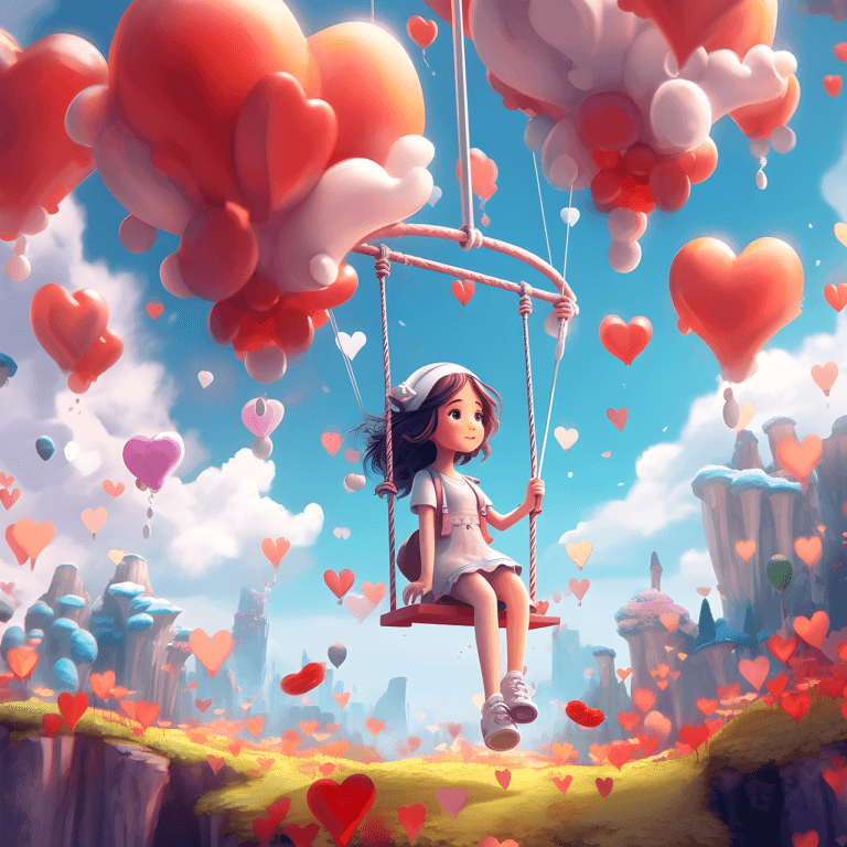 girl, hearts, swing, ease, balloon, fantasy, dreamland, rock, ai-generated