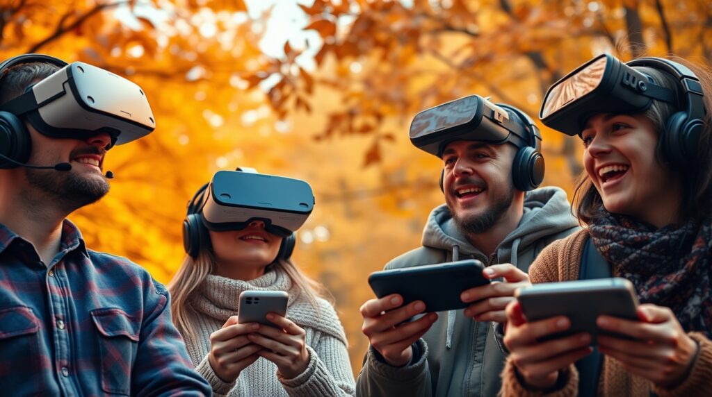 Virtual Reality, a fun comparison image of people looking daft in VR headsets alongside avid mobile gamers